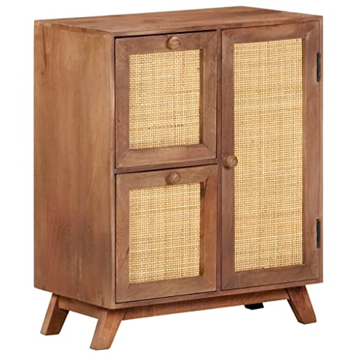 XHNIFBN Aparador 60 x 35 x 75 cm de madera maciza de mango, cómoda con 2 cajones y 1 puerta, armario auxiliar rústico con trenzado natural, armario con cajones para salón y pasillo