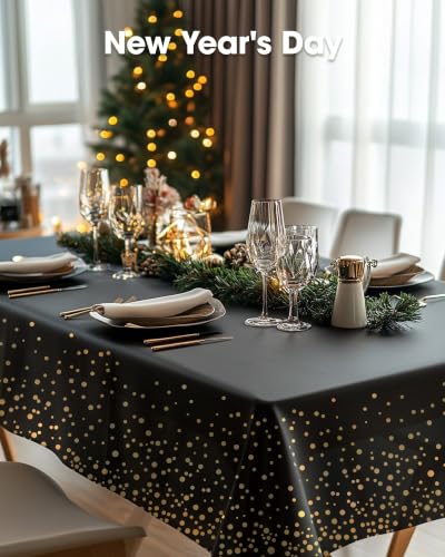 Image of Pureegg Plastic Table Cloth Disposable 10 Pack, 54 x 108 Inch Table Cloths, Graduation Decorations Class of 2025, Graduation Tablecloths, Rectangle, Plastic Cover, Leakproof & Sturdy, Black and Gold