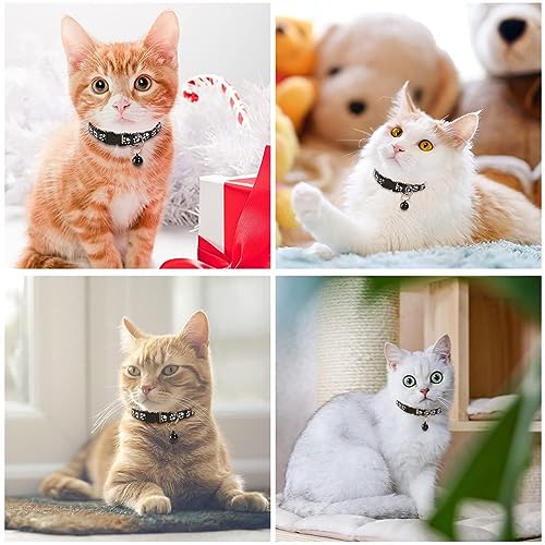 Image of Footprint Cat Collar with Bell Basic Dog Cat Collar I Buckle Adjustable Polyester Cat Dog Collar I with Bell 10 MM (Black Color)