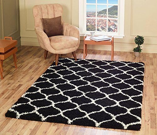 Image of AROMICK Modern Polyester Anti Slip Shaggy Fluffy Rug and Carpet for Living Room, Bedroom & Dining Room (5 x 8 Feet, Black Ivory)