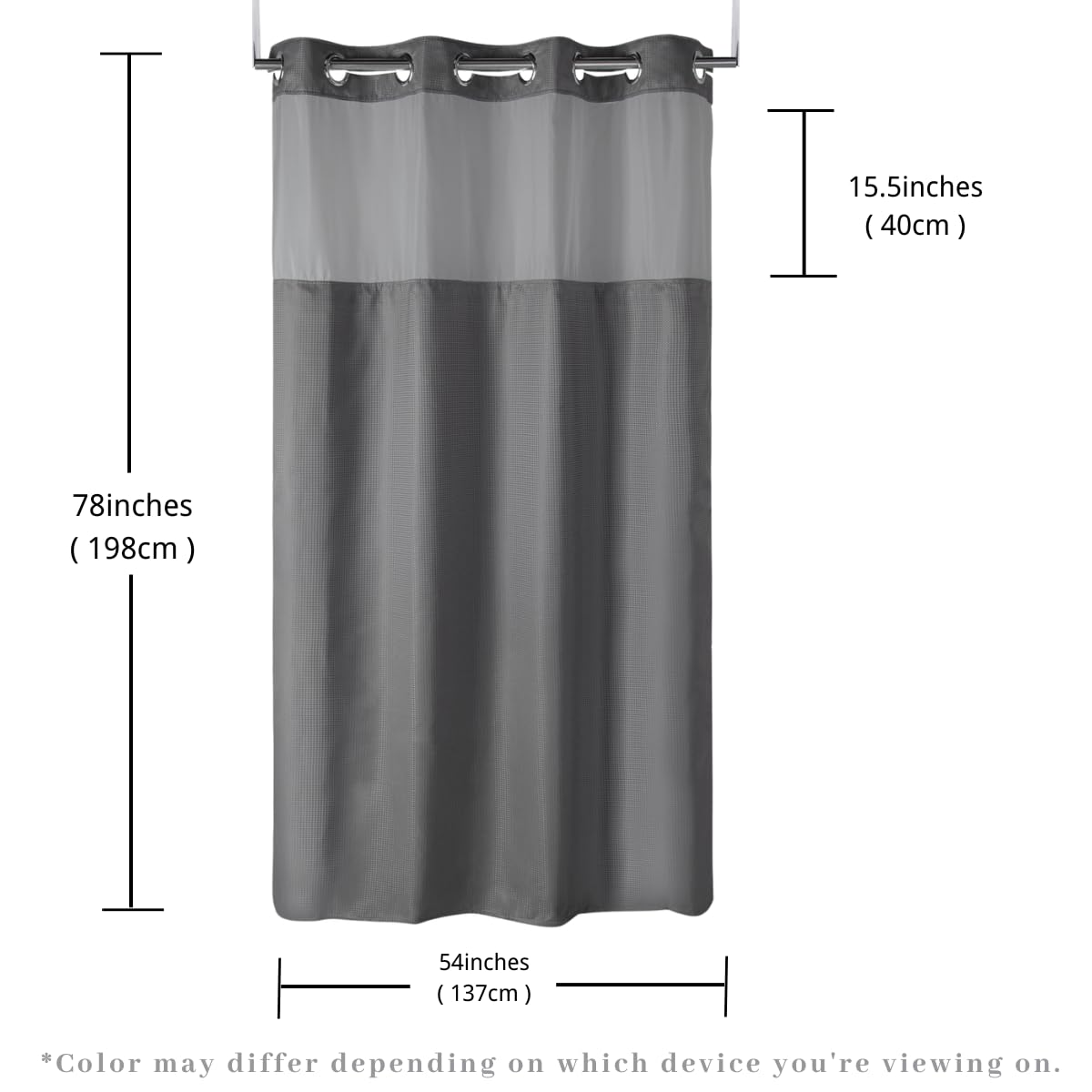 Cortina de ducha sin ganchos de 54 pulgadas de ancho x 78 pulgadas de largo, con forro a presión con imanes, lavable a máquina, parte superior transparente, gofre gris