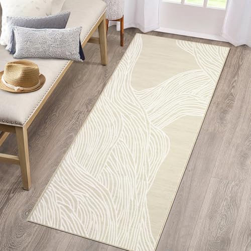 GarveeHome Entryway Runner Rug 2x6 Modern Abstract Runner Rug Non-Slip Washable Rugs for Hallway Indoor Soft Faux Wool Floor Cover Contemporary Kitchen Runners Low Pile Rugs for Laundry Bedside Beige
