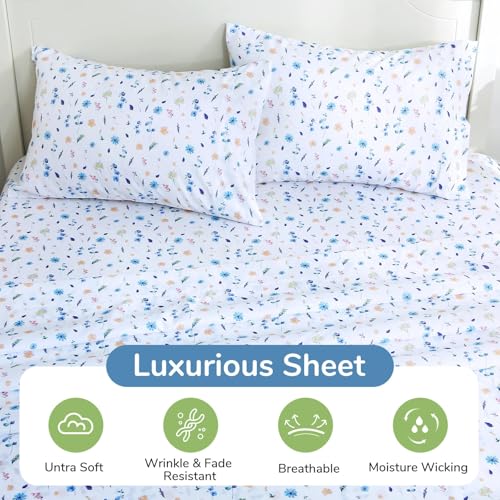 Image of MUXHOMO Full Size 4 Piece Sheet Set, Soft Sheet Set for Bedroom with Deep Pocket Up to 16 inch, Wrinkle-Free Bed Sheet with Flat Sheet, Fitted Sheet & Pillowcases - Watercolor Floral