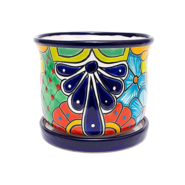Enchanted Talavera Mexican Pottery Ceramic Circular Plant Pot Flower Pot Succulent Planter House Plant Flower Vase Cobalt (Medium w/Saucer-(7.5 x 6.75)