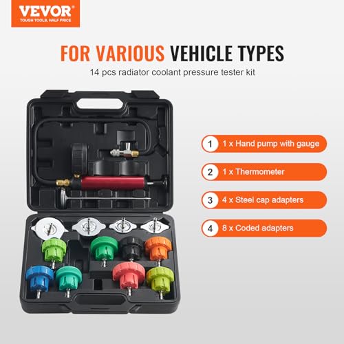 Image of VEVOR Automotive Cooling System Radiator Pressure Tester Kit, 14 pcs Radiator Pressure Tester Kit with Manual Pump and Color-Coded Steel Test Cap Adapters, for Cars Motorcycles Trucks Cooling System
