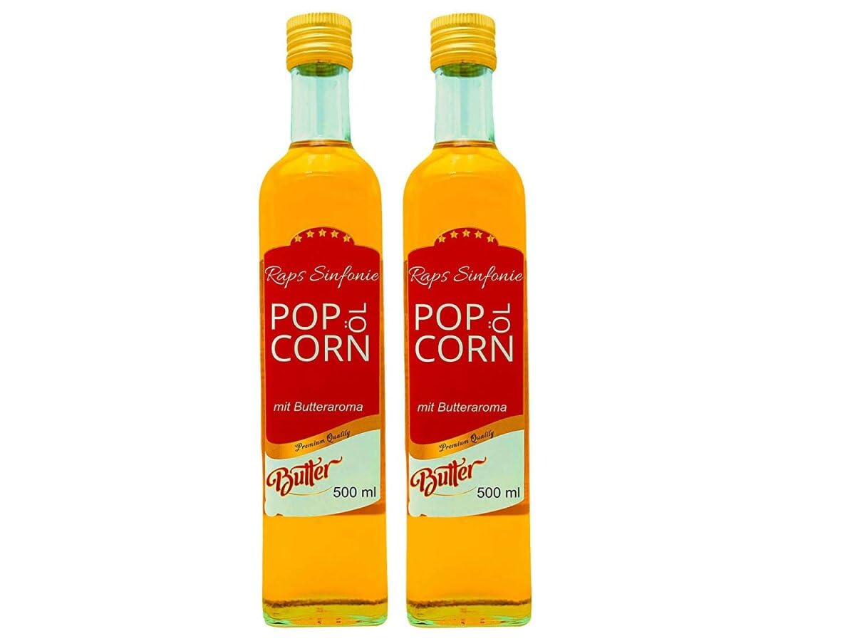 Hopser Food Fun 1 Liter Popcorn Öl mit feinem natürlichen Butteraroma und praktischem Ausgießer Hocherhitzbares Popcornmais Butter Aroma Fett Raps Sinfonie mit Traubenkernöl und Buttergeschmack