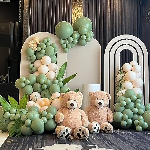 Image of 412pcs Sage Green Balloon Garland Arch Kit 18 12 10 5 Inch Different Sizes Matte Latex Olive Balloons for Baby Shower Birthday Wedding Jungle Dinosaur Summer Theme Party Decoration