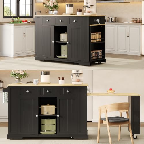 Prohon Îlot Central Cuisine avec Rangement 138(213) x55x93 cm, Meuble de Cuisine avec Table Extensible Escamotable, Bar Rétractable, 7 roulettes, Étagères de Rangement et Clayettes Réglables, Noir