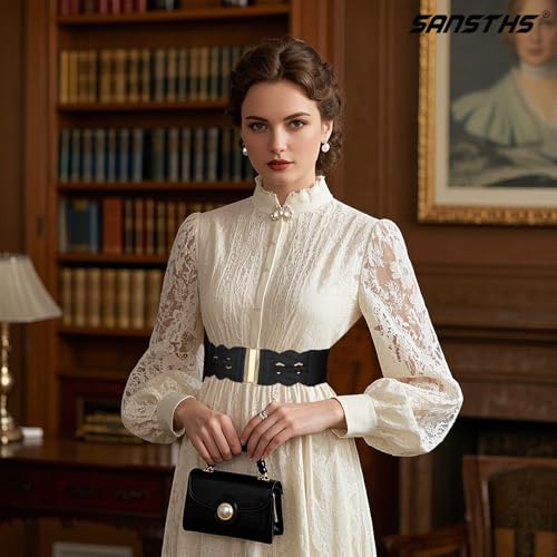 SANSTHS Vintage Stretchy Belt for Women, Womens Wide Elastic Belts for Dresses Coats, Fashion Womens Belts with Gold Buckle
