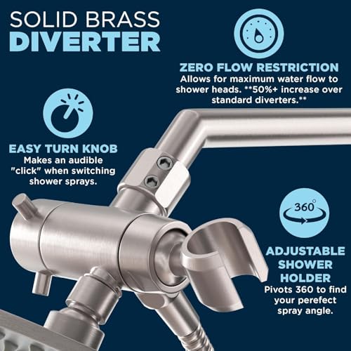 Solid Metal 3-Spray Dual Shower Head Combo with 12 Inch Adjustable Arm Extension, Brushed Nickel | Hand Held Shower Head with Hose, 8 Inch Rainfall, 3-Way Diverter and Shower Arm Extension