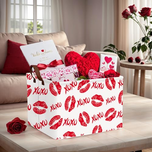 Image of Valentine's Day Basket for Gifts Empty Cute Heart Large Gift Basket Decorative Storage Bin for Kid and Baby Room Decor (XOXO Red Lips)