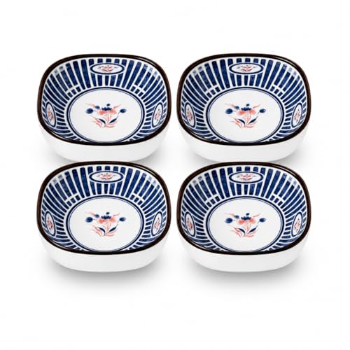 Image of Japanese Ceramic Dip Bowl Set of 4 | 200ml Small Square Sauce Bowls for Soy Sauce, Chutney, Snacks & Sushi Sides | Premium Stackable Dishwasher Safe Serving Bowls (Indigo Ray)