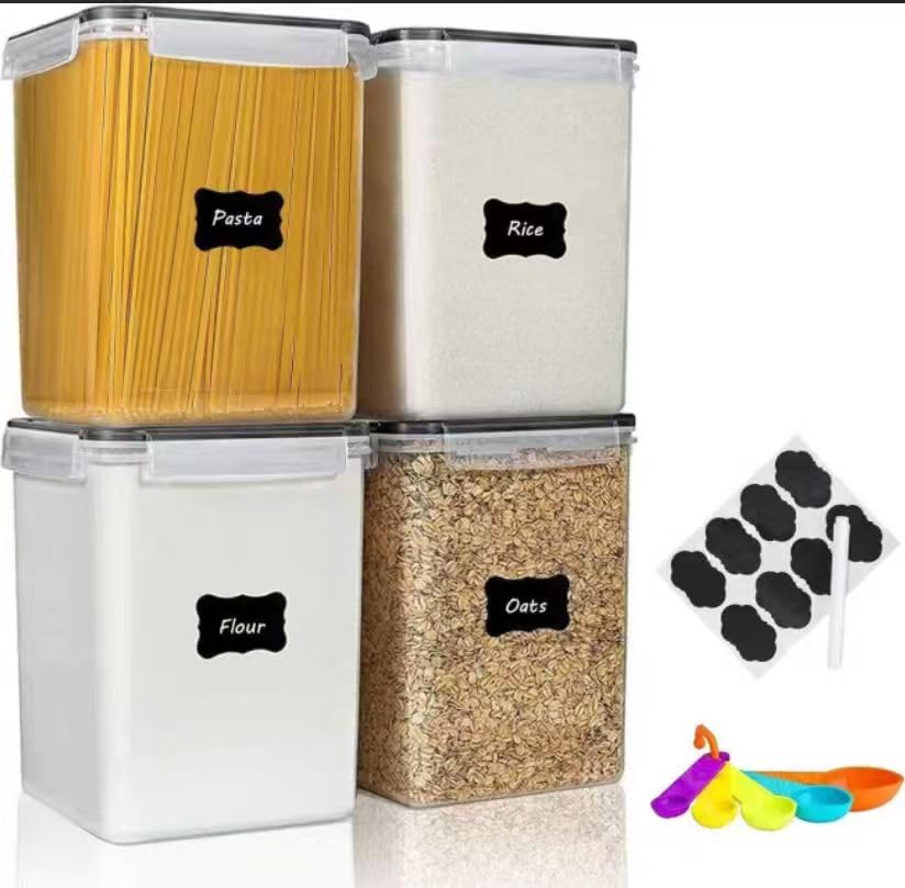 stusgo 4 Pieces 5.2L / 175oz Large Food Storage Containers, BPA Free Plastic Airtight Canisters for Flour, Sugar, Baking Supplies, Rice with Lids, Measuring Cups and Labels, Black — image 1