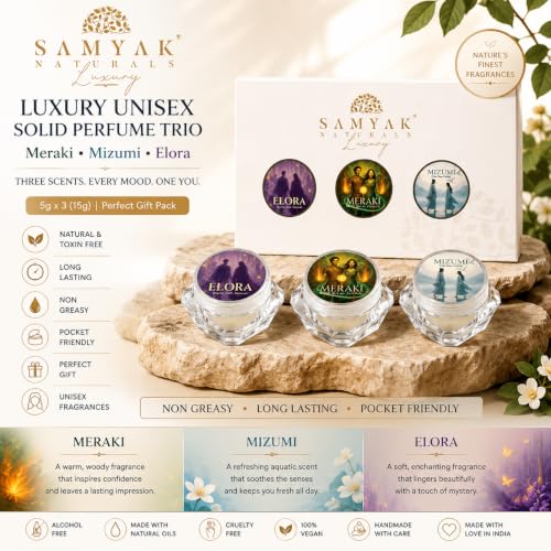 Image of Luxury Unisex Solid Perfume Trio - Meraki, Mizumi & Elora (5g x 3, 15g Total) | Long Lasting Alcohol-Free Perfume Balm | Natural Handmade Travel Mini Perfume Gift Set for Men & Women | Pocket Size Fragrance