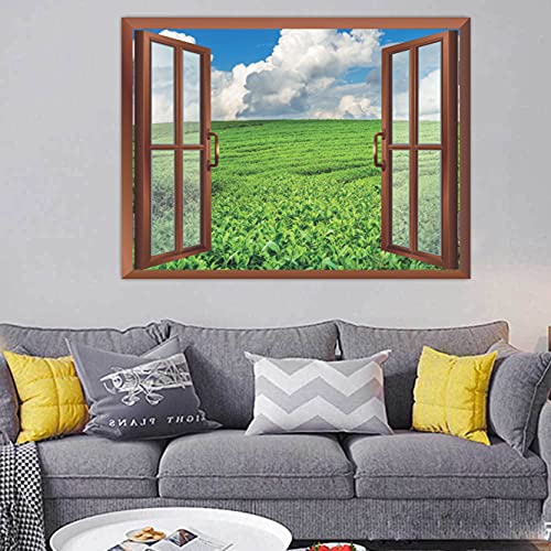 Image of CVANU Attractive View of Green pairies in a Sunny Day with Blue Sky Filled with Clouds Removable Faux Window Wall Sticker /Decals for Living Room etc Cv 35