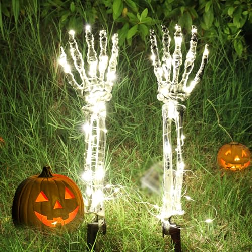 Halloween Leuchtende Skelett Hand Gartenstecker 1 Paar – LED Grusel...