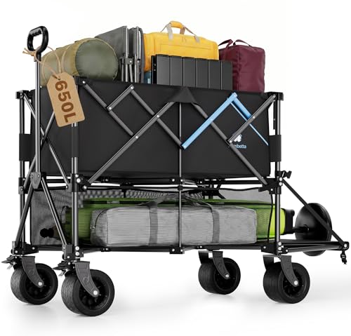 52 Heavy Duty Double Decker Wagon 650L Collapsible Folding Wagon Cart with Brakes 560 lbs Load All-Terrain Big Wheels for Camping Fishing Sports and Transport Black