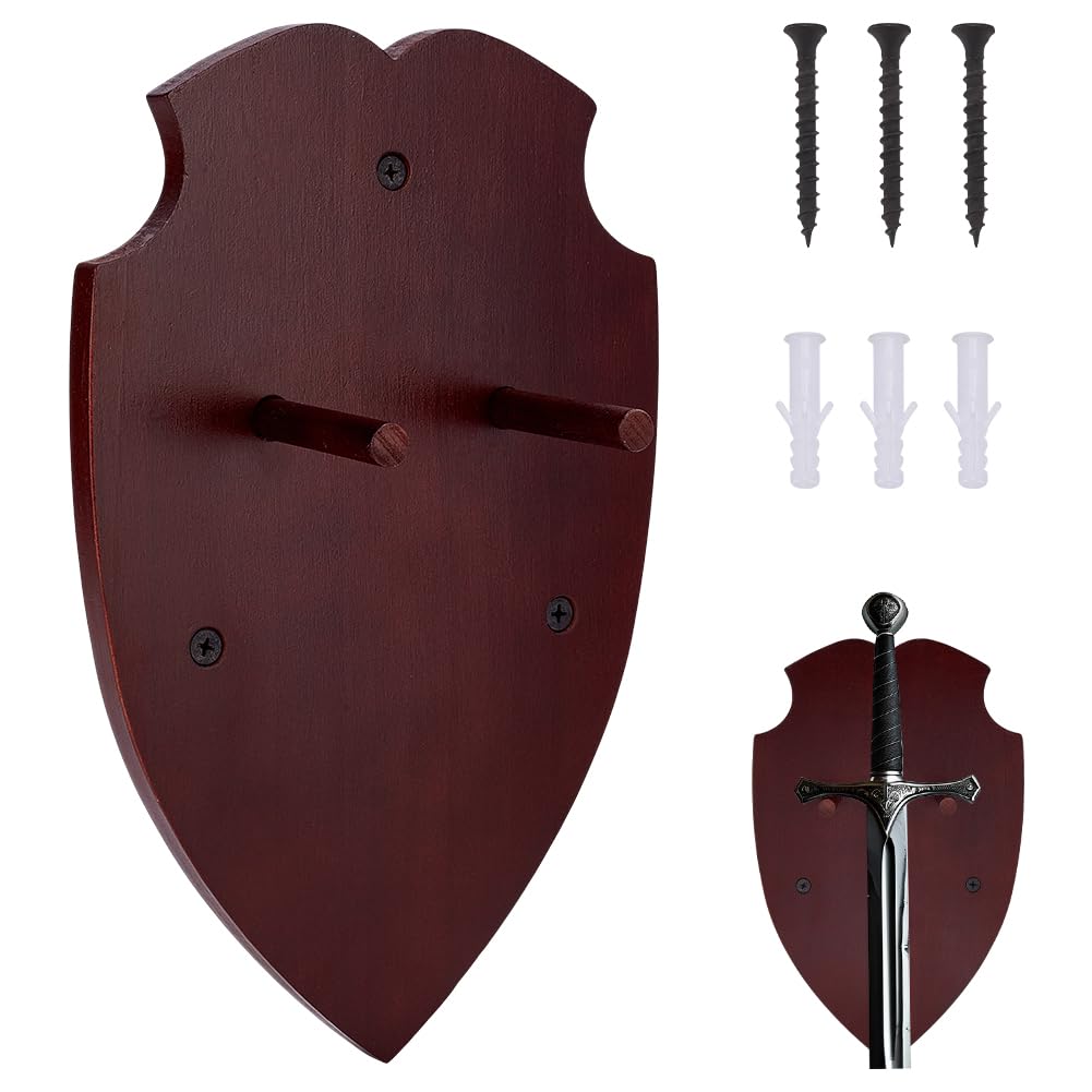 FINGERINSPIRE Shield Shape Wall Mount Wooden Sword Holder 254x160x11.5mm Medieval Tribal Sword Display Plaque with Metal Hooks, Coconut Brown Wooden Swords Rack for Home Decoration Collection