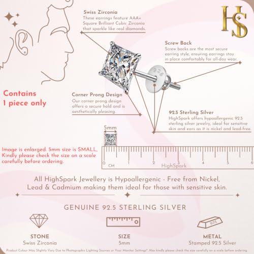Image of HIGHSPARK 925 Silver Princess Cut Screwback Stud Earring | 92.5 Sterling Silver & Diamond Like Brilliance Zirconia Square Top | Single Stud for Men | 5mm