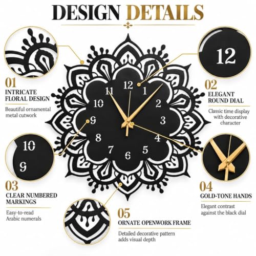 Image of 40 cm Metal Wall Clock | Silent Non-Ticking Skeleton Wall Clock | Modern Black Iron Analog Clock for Living Room, Bedroom, Hall, Office & Home Decor (Design-7)