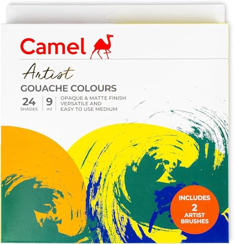 Image of Camel Artist Gouache Colours - 24 Shades (9ml Each) | High Pigment, Opaque Water-Based Paints | Smooth Matte Finish for Artists, Illustrations & Design Work