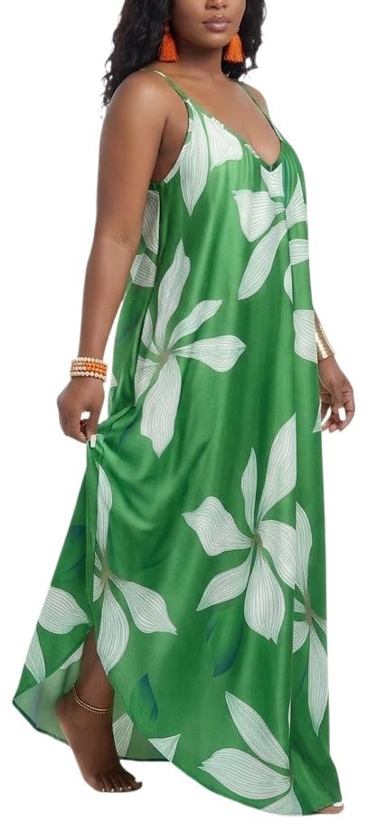 Image of Women's Summer Bohemian Green Floral Maxi Dress Music Festivals with Adjustable Spaghetti Straps Side Pockets -7 Small