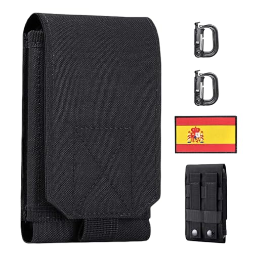 BAPLONEX ® Funda Móvil para Llevar en Cinturón + 2 Mosquetones Tácticos + Parche Bandera España | Bolsa Táctica EDC Porta Móvil para Actividad Aire Libre, Deportes, Pesca, Militar, Trabajo.