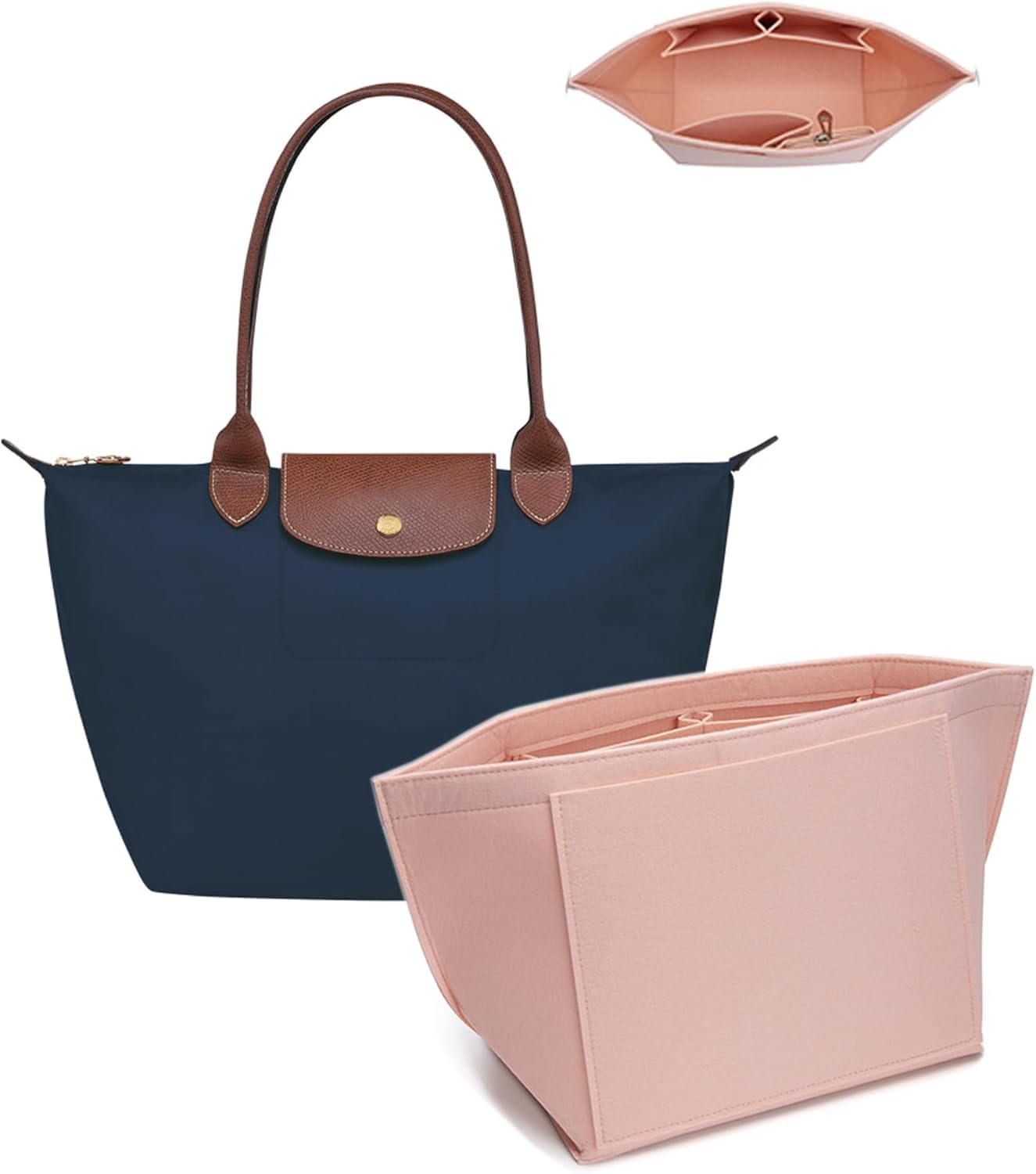 UMIUP Purse Organiser, Multi-Pocket Felt Handbag Organiser, Folding Tote Bag Organiser Insert for Insert Wallet Organiser for Longchamp (Pink, Large)