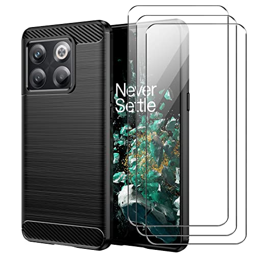 GEJEFA Funda para Oneplus 10T 5G + Protectores de Pantalla in Cristal Templado, Resistente Funda TPU Protectora e Anti-Scratch Blando Fibra de Carbono Funda, Negro