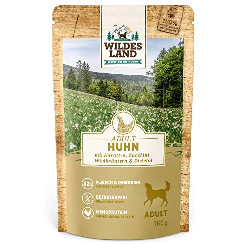 Wildes Land - Nassfutter Pouches - Nr. 2 Huhn - 8 x 150 g - mit Karotten, Zucchini, Wildkräutern & Distelöl - Glutenfrei - Extra viel Fleisch - Beste Akzeptanz und Verträglichkeit