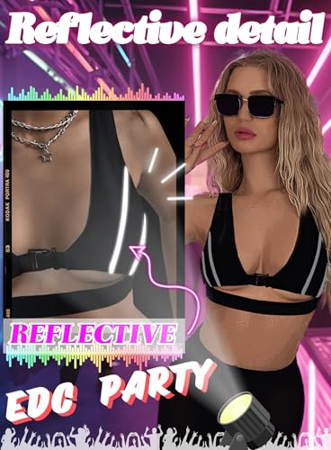 Reflective Rave Top for Women - Music Concert Crop Tank Y2K Buckle Underboob Shirt Sexy Bikini Bra Festival Outfits2