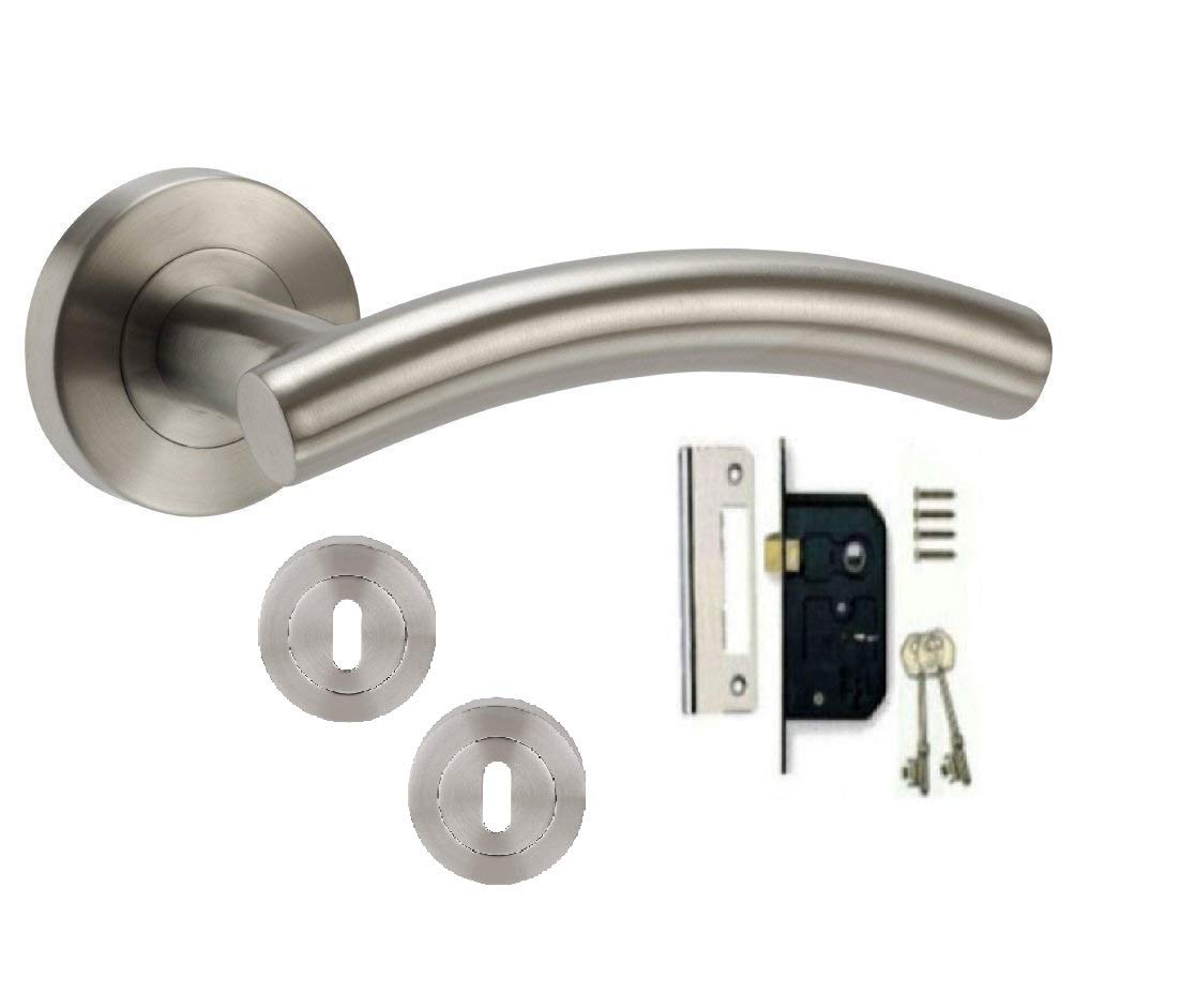 Golden Grace Arched T-Bar Key Lock Door Handle Lever on Round Rose Furniture in Stainless Steel Finish with Screws and Fixings
