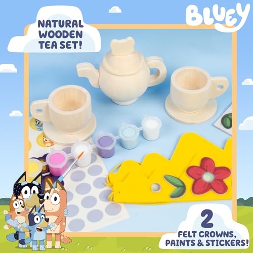 Image of Bluey Paint & Play Tea Party, 6-Piece Wooden Tea Set, Customize with Paint & Stickers, 2 Wearable Crowns, Fun Toys for Kids, Cute Birthday Party Decorations, Pretend Play Tea Party, Toys