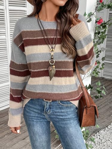 Image of BEAUDRM Women's Striped Sweater Color Block Crew Neck Boho Sweater Long Sleeve Knitted Weatern Jumper Tops Multicolor Medium
