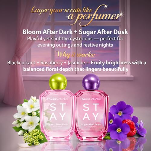Image of FACES CANADA STAY Bloom After Dark Eau de Parfum for Women, 50ml | Long-Lasting Fruity Floral Perfume with Blackcurrant & Jasmine | Elegant Night Scent | Gifts for Women | Premium Fragrance