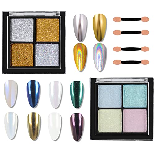 Chrome Nail Powder 8 Colors, Bqan Nail Holographic Chrome Powder Mirror Effect Titanium Pigment Set, Iridescent Aurora Nail Glitter Mermaid Pearl Glitter Dust Kit For Gel Polish Nail Art Decoration #TOP14