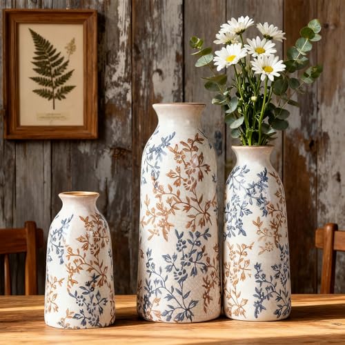 Blue & Brown Ceramic Decorative Vase Set of 3, Tuscan