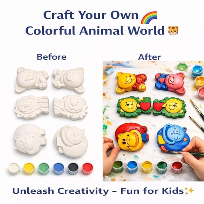 Image of EXPESIA DIY Animal Plaster Painting Kit for Kids, Lion, Hippo & Bear Figurines, 6 Colors with Brush, Ages 2+, 6 Pieces