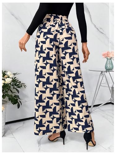 WDIRARA Women's Printed Drawstring Waist Wide Leg Long Pants Trousers with Pockets2