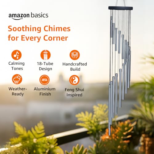 Image of amazon basics Handcrafted Designer Wind Chimes for Balcony & Home Decor | Soothing Sound | Metal Hanging Showpiece | Gift for Housewarming | Color: Silver | Material: Aluminum | Size: 60L x 12W x 12H cms