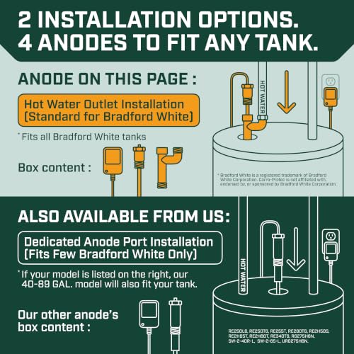 Image of Corro-Protec Powered Anode Rod for Bradford White & Hot Water Outlet | 24-Hour Hot Water Sulfur Smell Removal. Stops Corrosion & Reduces Sediment Buildup in Tank. 20-Year Warranty. WQA-Certified.