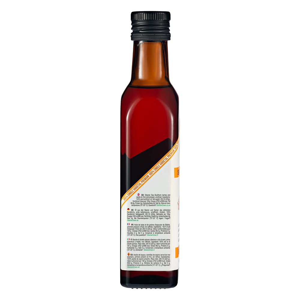 Aceite de Espino Amarillo Verde Siberiano – 250 ml Aceite de Fruta Hippophae Monovarietal, Virgen Extra Sin Refinar, Prensado en Frío