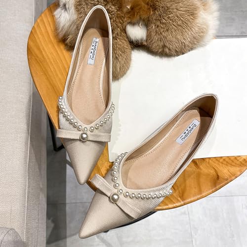 Women's Pearl Decoration Satin Flats Fashion Pointed Toe Bow Slip-on Flat Shoes Low top Comfortable Dress Shoes4