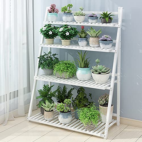 Plant Stand 4 Tier Ladder Plant Shelves, Folding Flower Pot Holder Garden Display Shelf 4 Colors Flower Pot Stands Bamboo Holder Planter Display Shelf for Home Garden Patio Balcony Étagère À Plantes