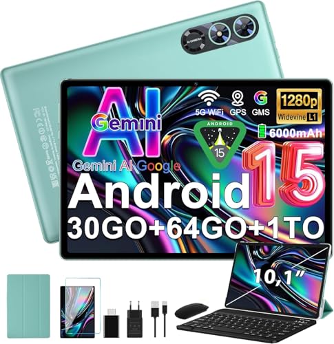 Android 15 Tablette 10 Pouces avec Gemini AI, Octa-Core Tablettes PC, 30 GO RAM+ 64 GO ROM (1TO TF), 3.5mm Audio/ WiFi 6 & BT 5.0 / 6000mAh /GPS/Widevine L1,Tablettes...