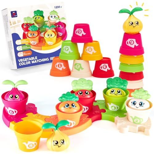 Image of hahaland Montessori Toys for 1 Year Old Gifts - Puzzle & Garden Set - Color Sorting Stacking Daycare Learning Toys for Toddlers 1-3