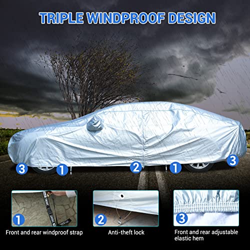 Image of Tecoom Car Cover Waterproof All Weather, Classic Zipper Door & Lock Design, Soft Cotton Lining Car Covers for Automobiles, Windproof UV Rain Hail Protection Full Car Cover Fit 191-200 Inches Sedan