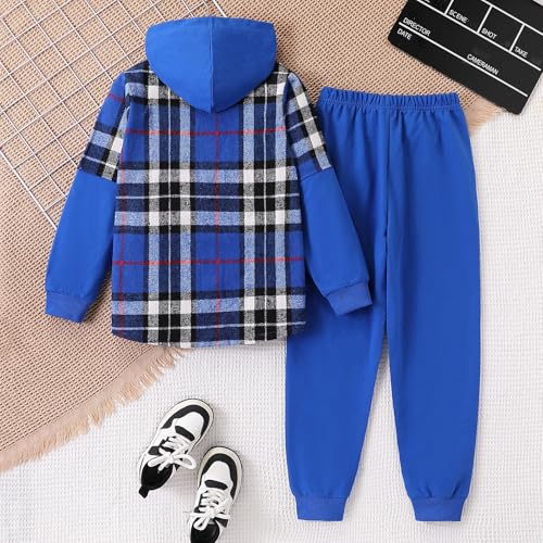 Image of 2Pcs Boys Clothes Sweatsuit Set Hoodie Flannel Plaid Shirt and Jogger Pants for Kids Fall Winter Spring Outfits