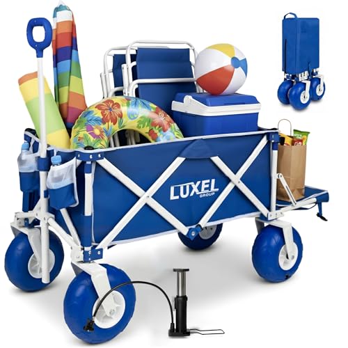 Beach Wagon Cart with Big Wheels for Sand - Heavy Duty Collapsible Folding Utility Wagon 300lbs Capacity with 9” All-Terrain Pneumatic Tires & Cup Holders - Portable Garden Camping Outdoor Cart (Blue)
