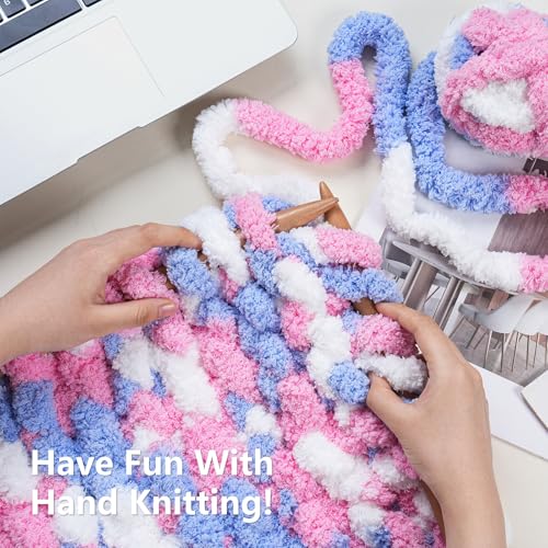 Image of Cozyful Chunky Yarn for Hand Knitting - #10 Chunky Chenille Blanket Yarn, Jumbo Big Thick Chunky Yarns for Crocheting, Tie Dye Bulky Knit Yarns, 8 Skein (20 yds 8 oz Each Skein), Blue & Pink & White